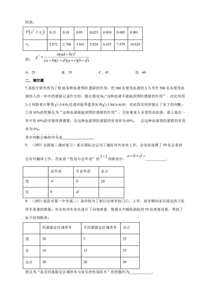 格致课堂8.3分类变量与列联表-A基础练（原卷版）_E015高中全科试卷_数学试题_选修3_02.同步练习_同步练习（第四套）_8.3分类变量与列联表-A基础练（解析版）