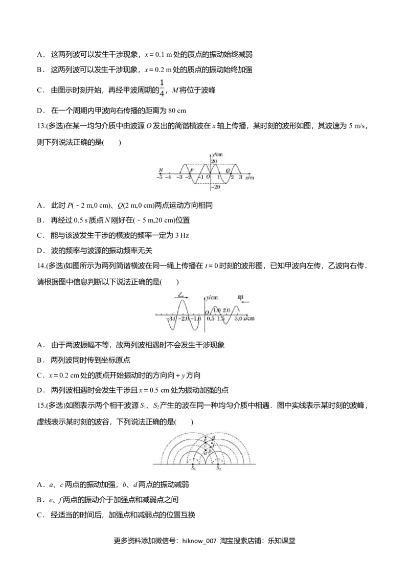 3.4波的干涉-2022-2023学年高二物理课后练（人教版2019）（原卷版）_E015高中全科试卷_物理试题_选修1_2.同步练习_同步练习2023