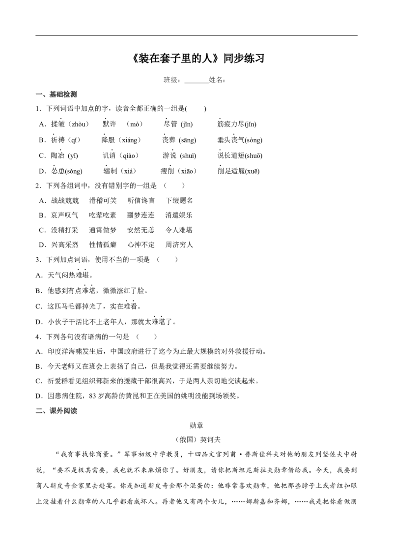 6.13.2《装在套子里的人》同步练习（2）（原卷版）_E015高中全科试卷_语文试题_必修下_2.新版高中语文试卷必修下册_1.同步练习（63套）_同步练习1_6.13.2《装在套子里的人》同步练习（2）
