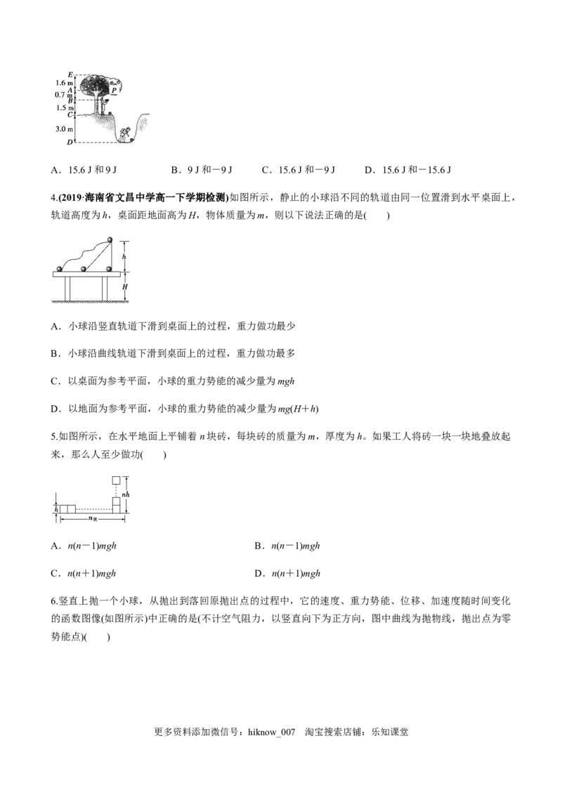 7.4重力势能（原卷版）_E015高中全科试卷_物理试题_必修2_2.同步练习_同步练习（第一套）_7.4重力势能（原稿版+解析版）