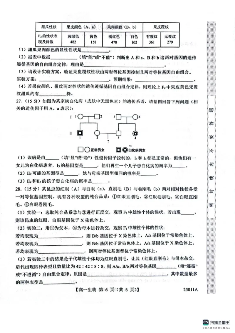 山东省菏泽市鄄城县第一中学2024-2025学年高一下学期4月月考生物试题（有解析）_2024-2025高一（7-7月题库）_2025年04月试卷_0411山东省菏泽市鄄城县第一中学2024-2025学年高一下学期4月月考