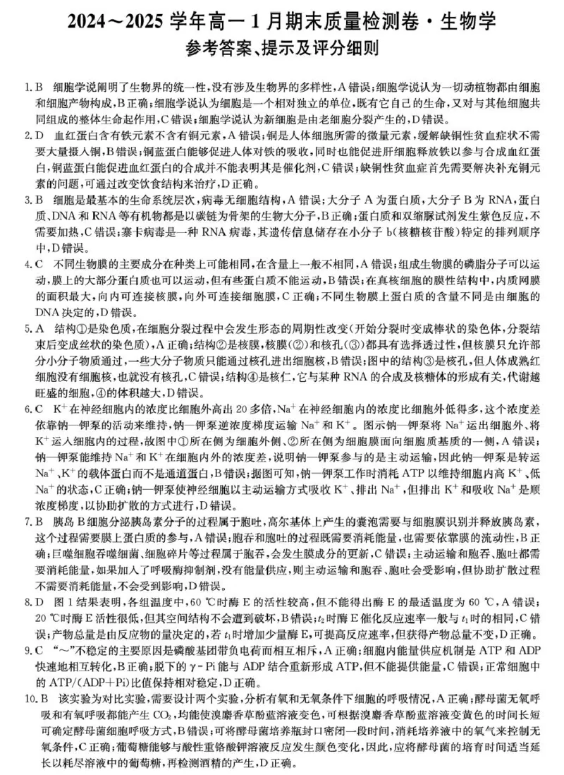 山西省2024-2025学年高一上学期1月期末质量检测生物试卷（扫描版含部分解析）_2024-2025高一（7-7月题库）_2025年02月试卷_0207山西省2024-2025学年高一上学期1月期末质量检测