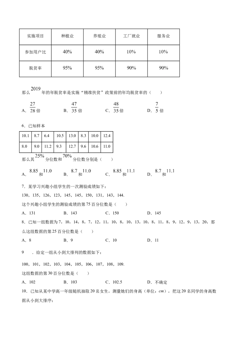 9.2.2总体百分位数的估计（原卷版）_E015高中全科试卷_数学试题_必修2_02.同步练习_同步练习（第三套）_9.2.2总体百分位数的估计新教材