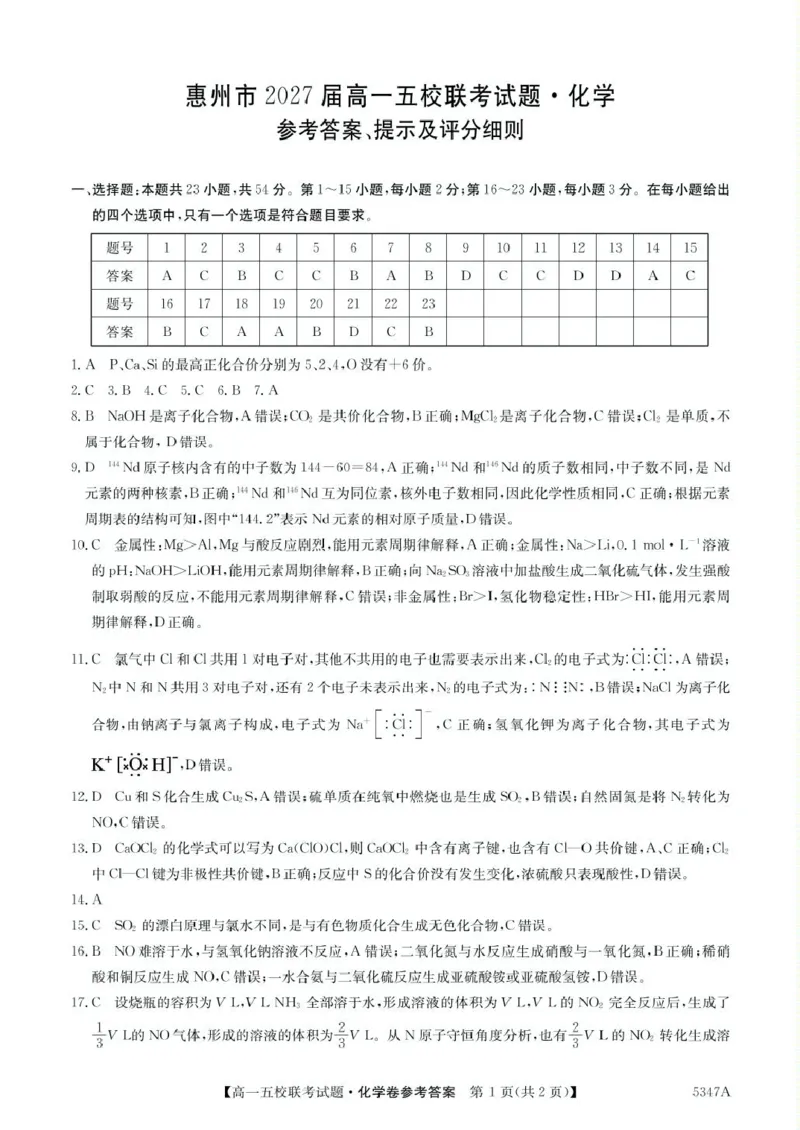 广东省惠州仲恺中学等五校2024-2025学年高一下学期4月联考化学试卷（图片版，含答案）_2024-2025高一（7-7月题库）_2025年04月试卷