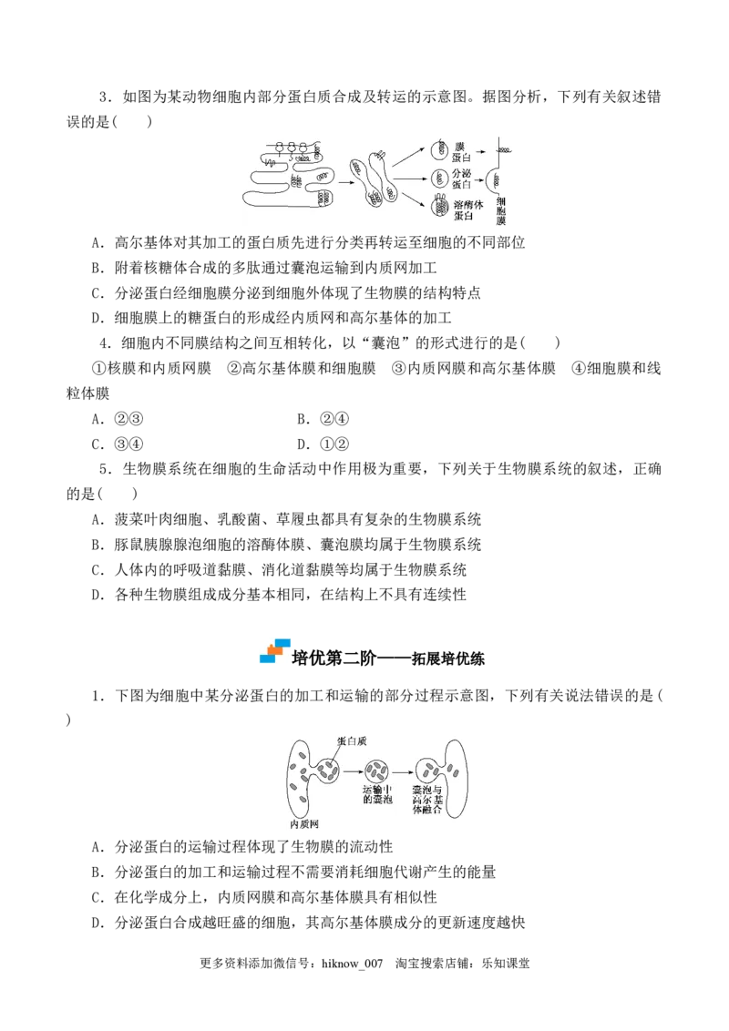 3.2细胞器之间的分工合作-2022-2023学年高一生物上学期课后培优分级练（2019人教版必修1）（原卷版）_E015高中全科试卷_生物试题_必修1_2.同步练习_1.同步练习（第一套）