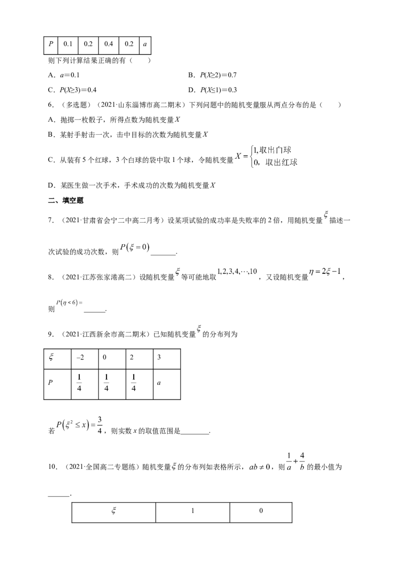 7.2离散型随机变量及其分布列(2)-A基础练（原卷版）_E015高中全科试卷_数学试题_选修3_02.同步练习_同步练习（第四套）_7.2离散型随机变量及其分布列(2)-A基础练