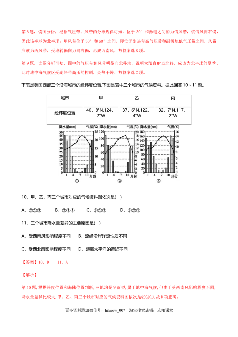 新教材精创3.3气压带和风带对气候的影响（同步练习）解析版_E015高中全科试卷_地理试题_选修1_2.同步练习_同步练习-第2套_新教材精创3.3气压带和风带对气候的影响（同步练习）