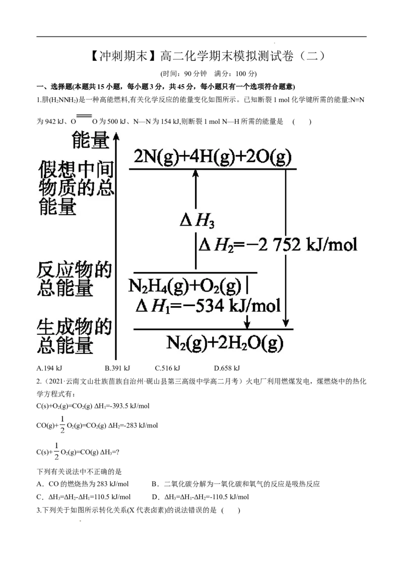 期末模拟测试卷（二）-冲刺期末高二化学期末单元复习测试（人教版2019选择性必修1）（原卷版）_E015高中全科试卷_化学试题_选修1_3.新版人教版高中化学试卷选择性必修1_3.期末试卷