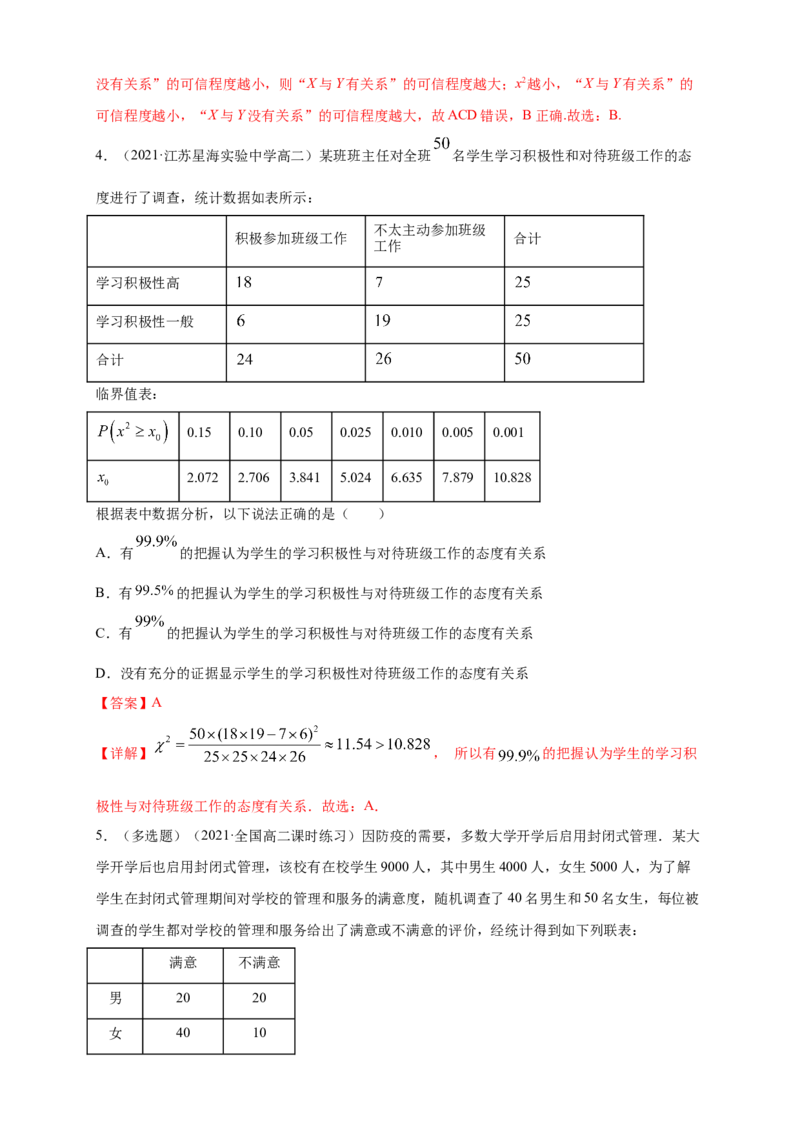 格致课堂8.3分类变量与列联表-A基础练（解析版）_E015高中全科试卷_数学试题_选修3_02.同步练习_同步练习（第四套）_8.3分类变量与列联表-A基础练（解析版）