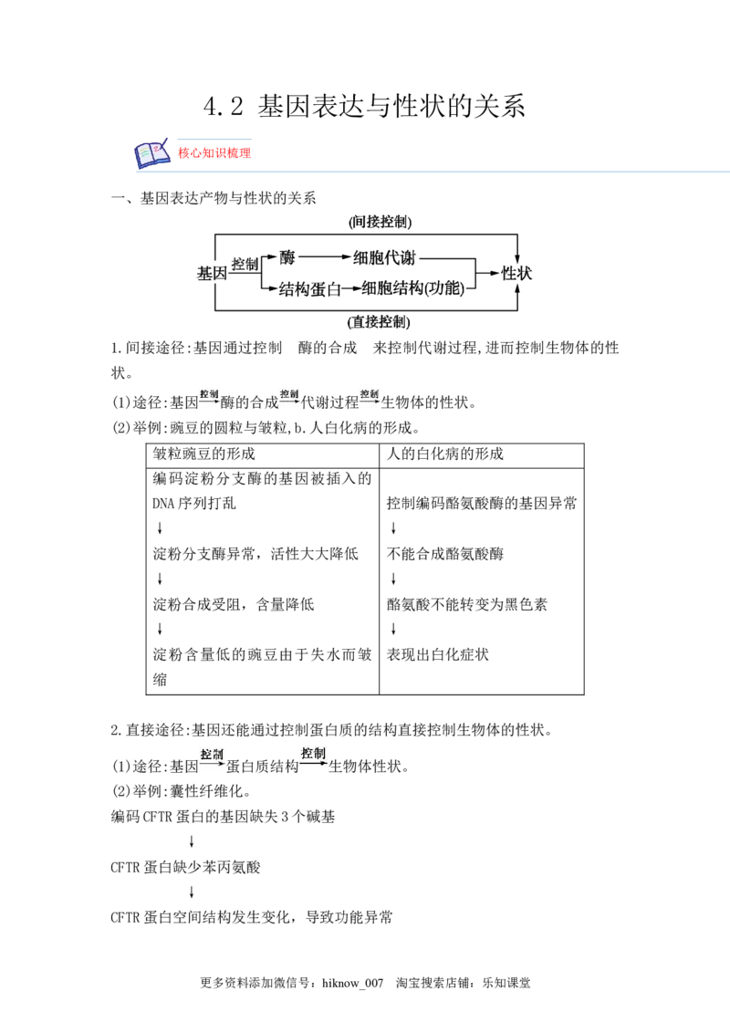 4.2基因表达与性状的关系（原卷版）_E015高中全科试卷_生物试题_必修2_2.同步练习_2、课后培优练2023_4.2+基因表达与性状的关系-2022-2023学年高一生物课后培优分级练（人教版2019必修2）