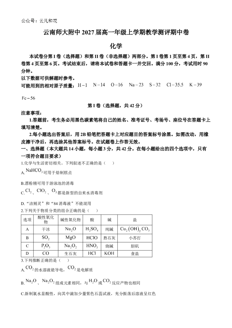 云南师范大学附属中学2024-2025学年高一上学期期中考试化学Word版含答案_2024-2025高一（7-7月题库）_2024年11月试卷_1107云南师范大学附属中学2024-2025学年高一上学期期中考试