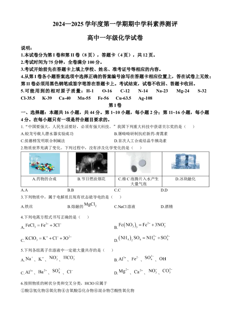 广东省茂名市化州市2024-2025学年高一上学期11月期中考试化学Word版含解析_2024-2025高一（7-7月题库）_2024年12月试卷_1214广东省茂名市化州市2024-2025学年高一上学期11月期中考试