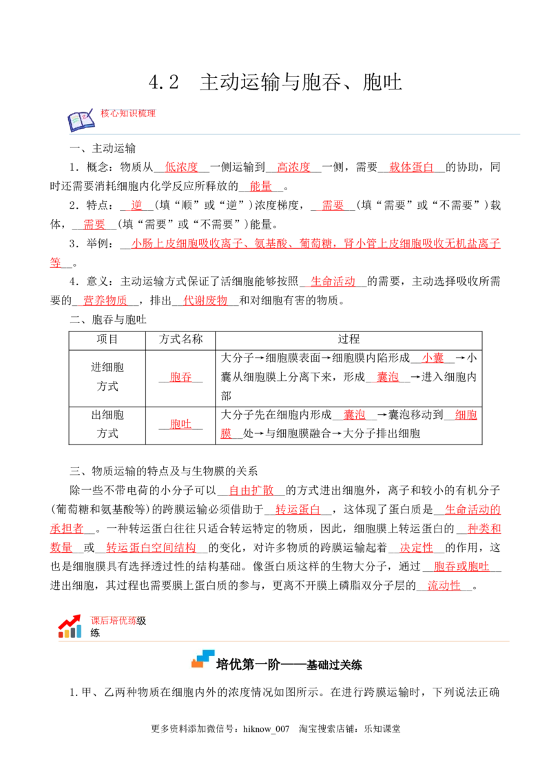 4.2主动运输与胞吞、胞吐-2022-2023学年高一生物上学期课后培优分级练（2019人教版必修1）（解析版）_E015高中全科试卷_生物试题_必修1_2.同步练习_1.同步练习（第一套）