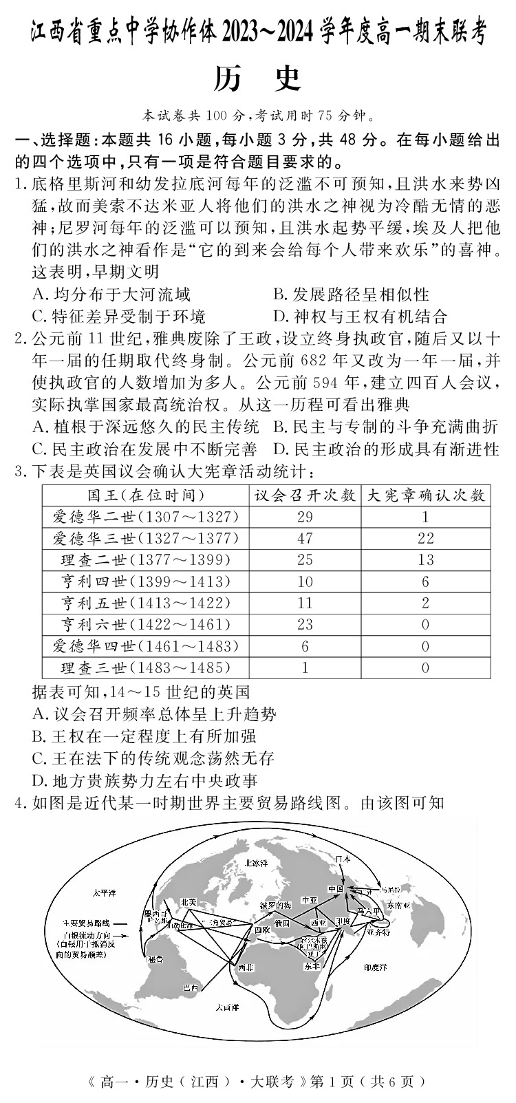 江西省重点中学协作体2023-2024学年高一下学期期末考试历史试题_2024-2025高一（7-7月题库）_2024年7月试卷_0708江西省重点中学协作体2023-2024学年高一下学期期末考试
