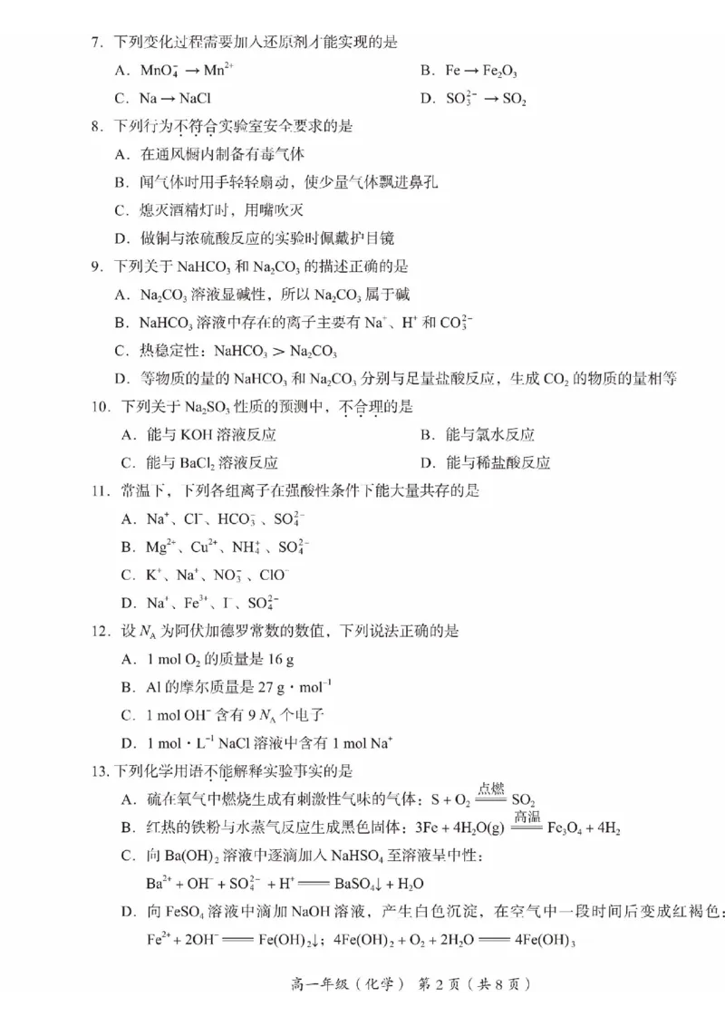 北京市海淀区2024-2025学年高一上学期期末考试化学试卷（PDF版，含答案）_2024-2025高一（7-7月题库）_2025年01月试卷_0123北京市海淀区2024-2025学年高一上学期期末考试