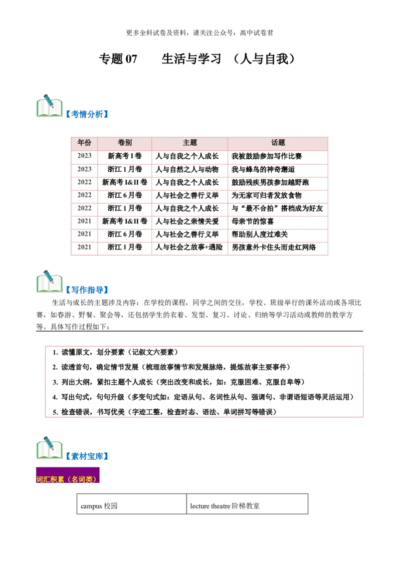 专题07生活与学习（读后续写话题之人与自我）-高频&middot;热点2024年高考英语话题写作通关必备攻略（原卷版）_2024年4月_其他_高频&middot;热点2024年高考英语话题写作通关必备攻略