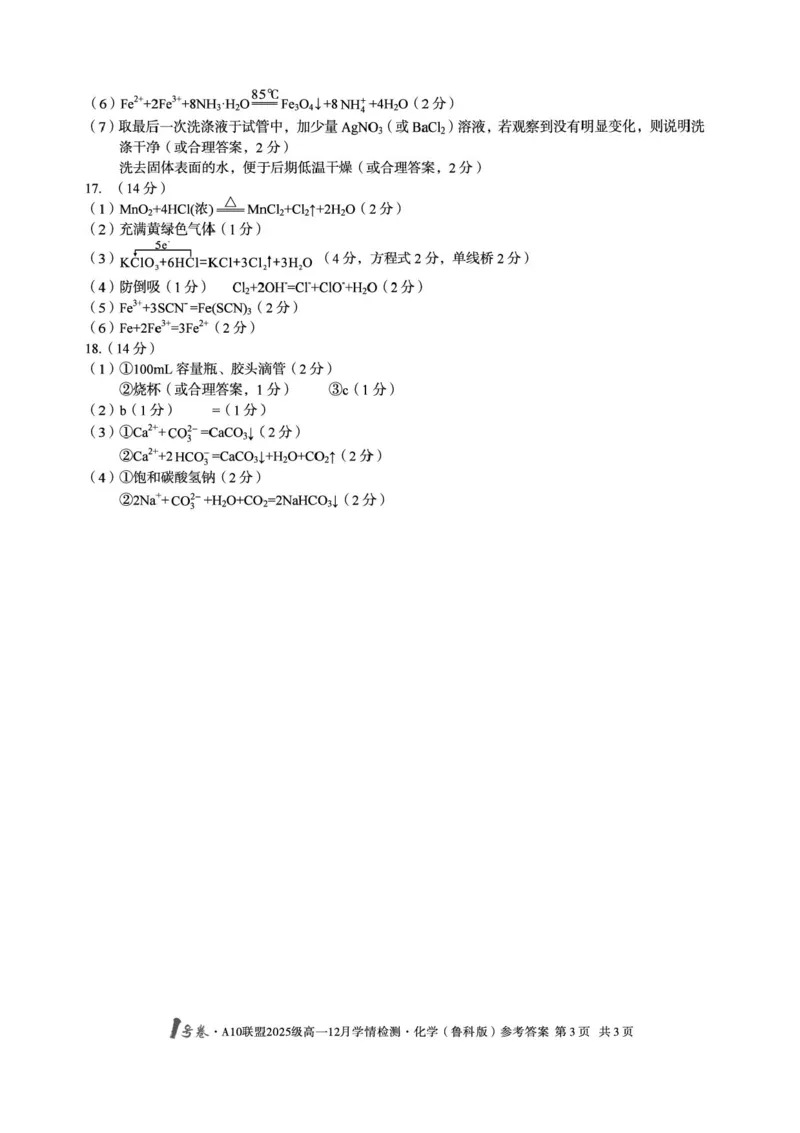 安徽A10联盟2025-2026学年高一上学期12月联考化学试卷（鲁科版）含答案_2024-2025高一（7-7月题库）_2026年1月高一_260108安徽省1号卷&middot;A10联盟2025级高一12月学情检测