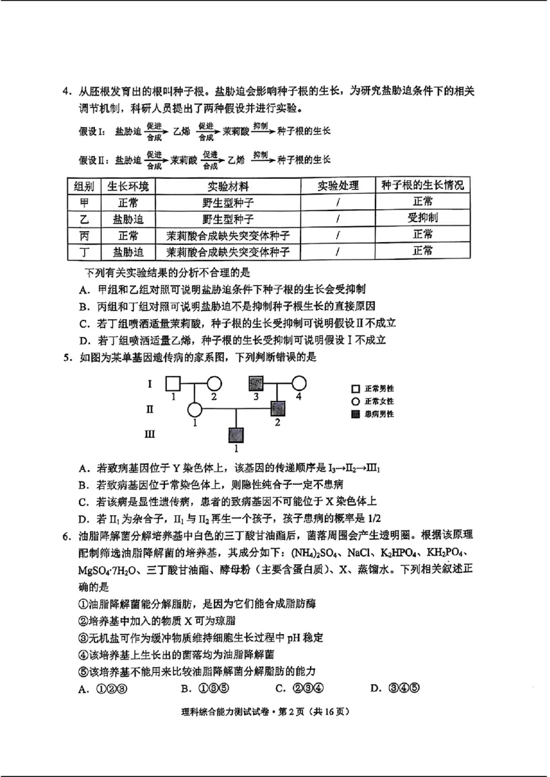 云南二统-理综试卷_2024年4月_01按日期_19号_2024届云南高三第二次统测云南二统_2024云南高三第二次统测-理综