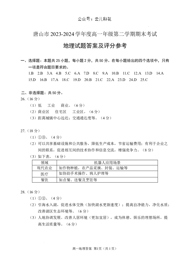 唐山市2023-2024学年度高一年级第二学期期末考试参考答案-地理0625_2024-2025高一（7-7月题库）_2024年7月试卷_0727河北省唐山市2023-2024学年高一下学期7月期末考试