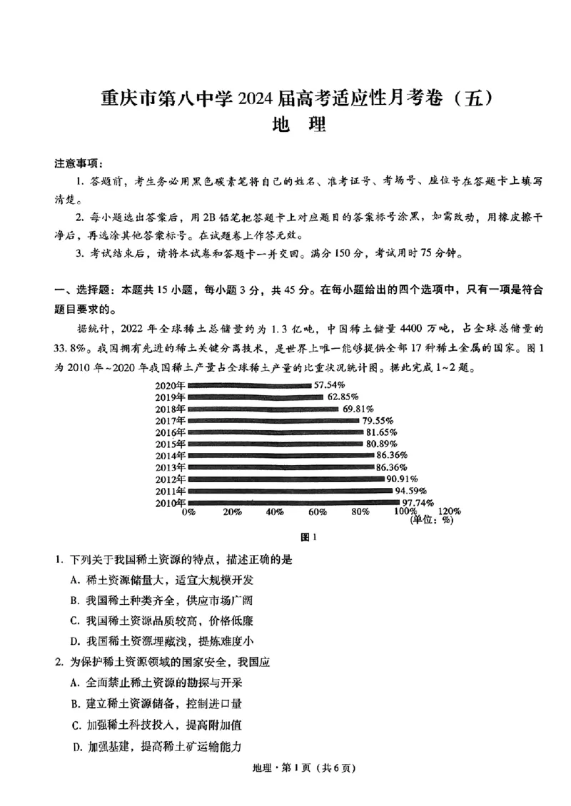 八中5地理试题_2024年3月_013月合集_2024届重庆市第八中学高考适应性月考卷（五）_重庆市第八中学2024届高考适应性月考卷（五）地理试题及参考答案