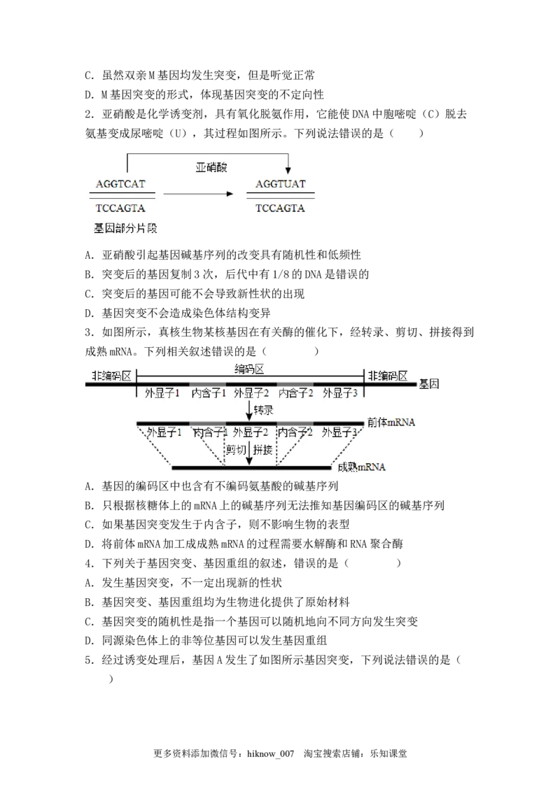 5.1基因突变及其他变异（原卷版）_E015高中全科试卷_生物试题_必修2_2.同步练习_2、课后培优练2023_5.1+基因突变及其他变异-2022-2023学年高一生物课后培优分级练（人教版2019必修2）