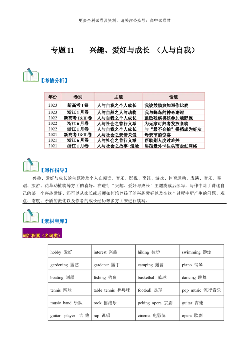 专题11兴趣、爱好与成长（读后续写话题之人与自我）-高频&middot;热点2024年高考英语话题写作通关必备攻略（解析版）_2024年4月_其他