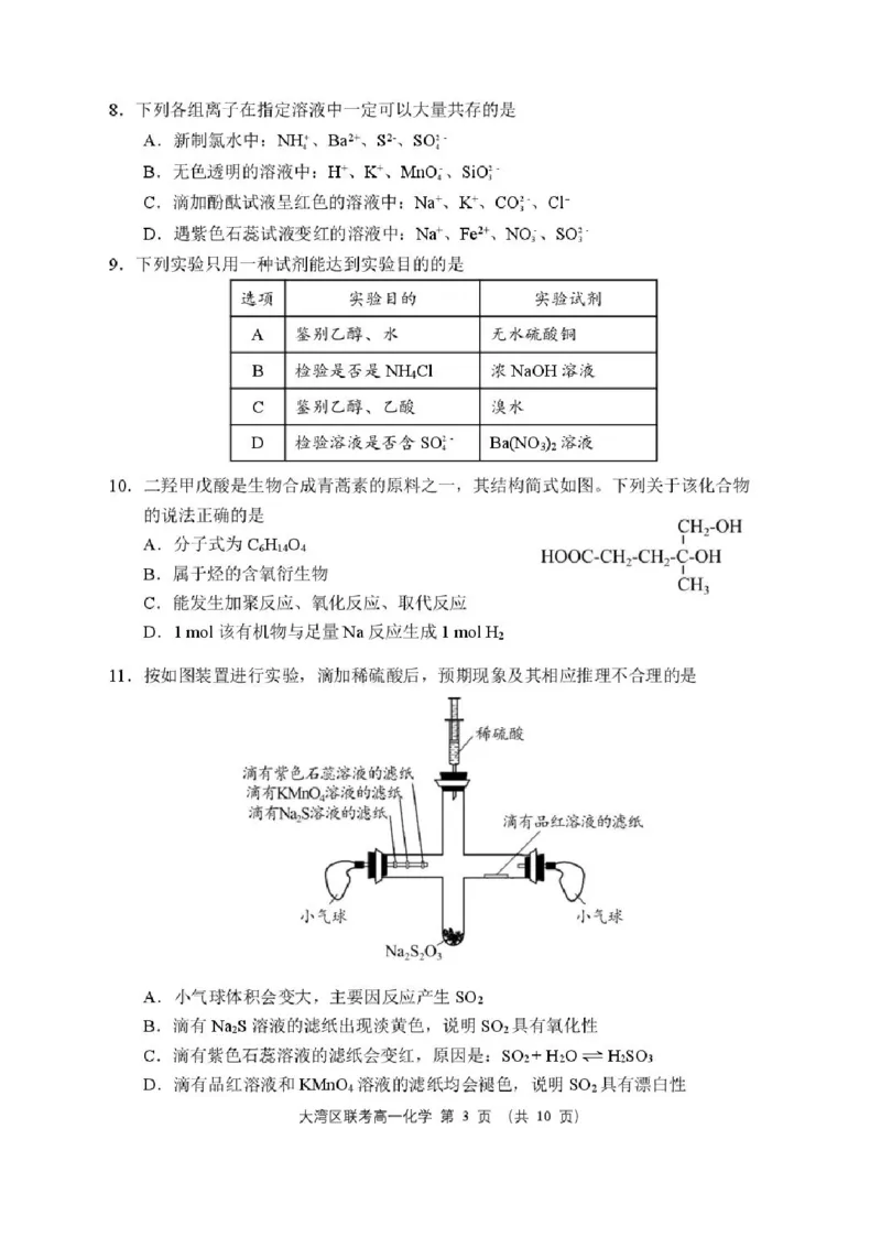 广东省大湾区2024-2025学年高一下学期期末统一测试-化学试卷_2024-2025高一（7-7月题库）_2025年7月_250711广东省大湾区2024-2025学年高一下学期期末统一测试