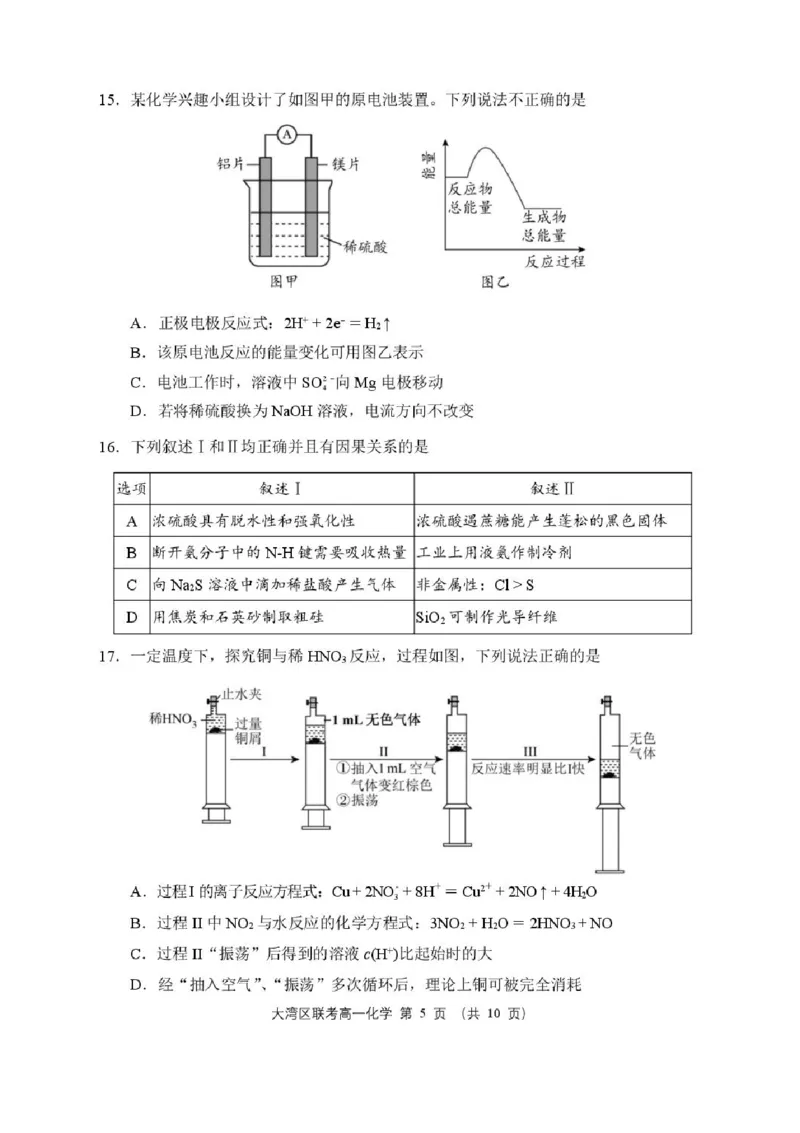 广东省大湾区2024-2025学年高一下学期期末统一测试-化学试卷_2024-2025高一（7-7月题库）_2025年7月_250711广东省大湾区2024-2025学年高一下学期期末统一测试