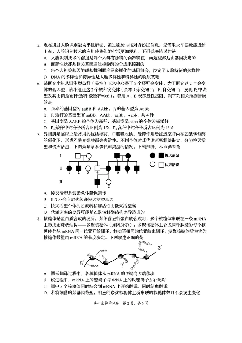 四川省资阳市2024-2025学年高一下学期期末质量监测生物试题含答案_2024-2025高一（7-7月题库）_2025年7月_250710四川省资阳市2024-2025学年高一下学期期末质量监测