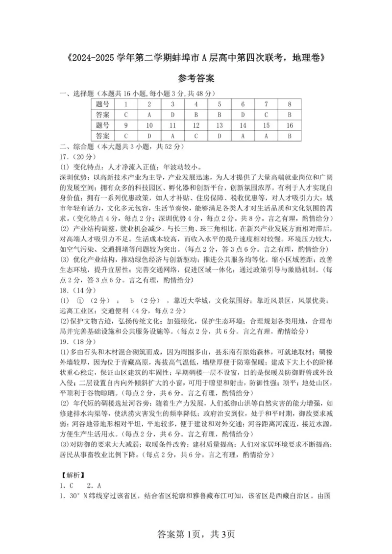安徽省蚌埠市A层高中2024-2025学年高一下学期第四次联考地理试题（PDF版，含答案）_2024-2025高一（7-7月题库）_2025年03月试卷_0321安徽省蚌埠市A层高中2024-2025学年高一下学期第四次联考