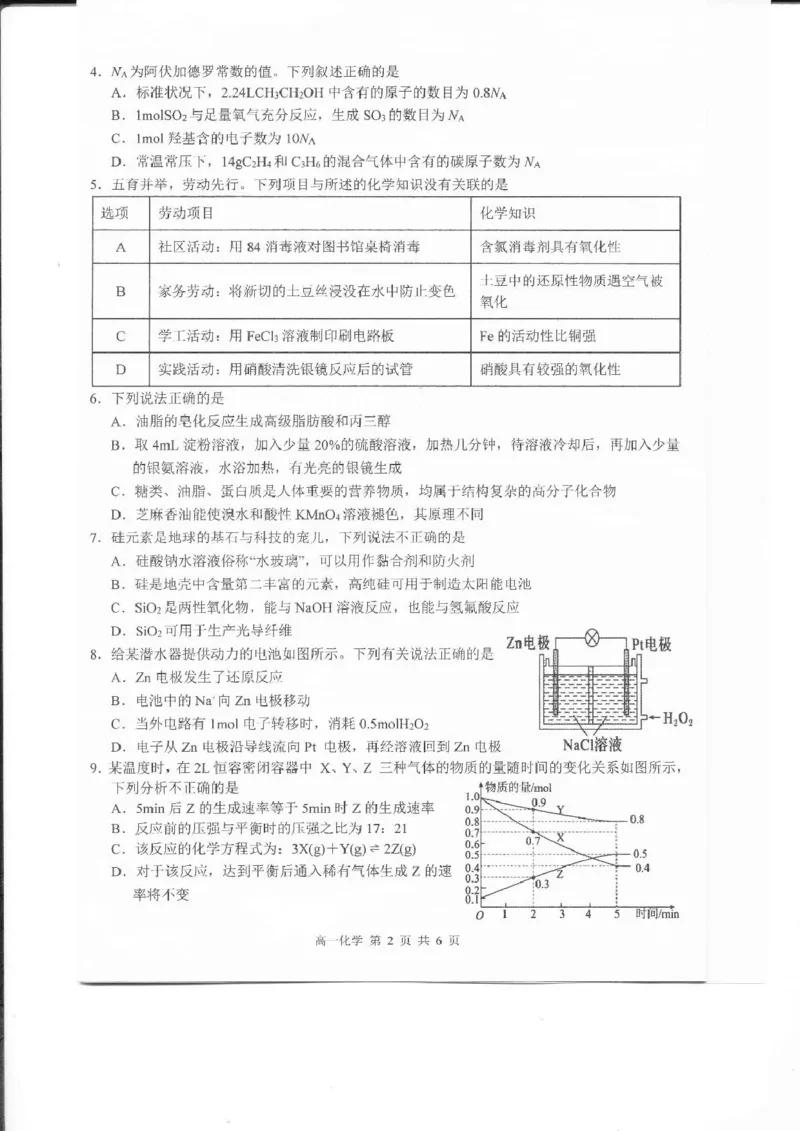 江西省上饶市2024-2025学年高一下学期期末教学质量测试化学试卷（图片版，无答案）_2024-2025高一（7-7月题库）_2025年7月_250702江西省上饶市2024-2025学年下学期高一期末教学质量检测