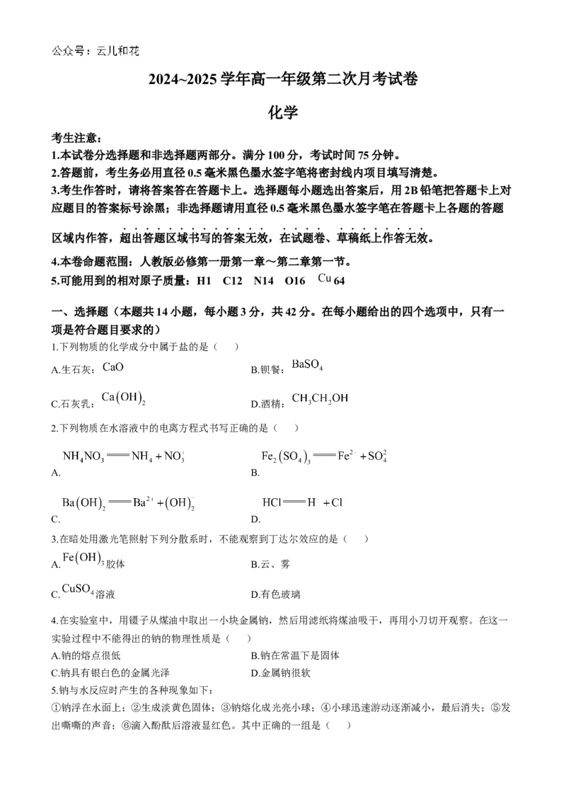 安徽省亳州市涡阳县2024-2025学年高一上学期11月期中（第二次月考）化学试题Word版含解析_2024-2025高一（7-7月题库）_2024年12月试卷