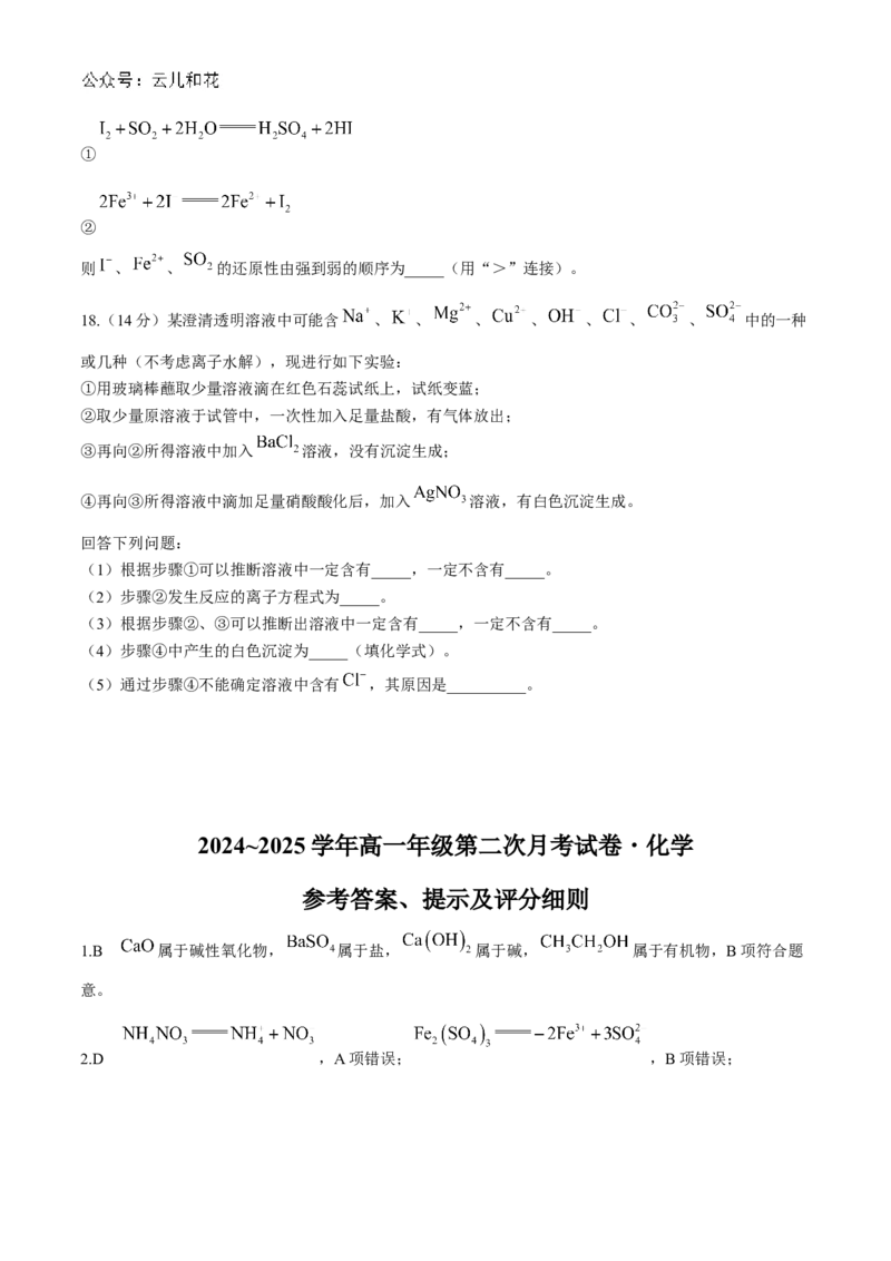 安徽省亳州市涡阳县2024-2025学年高一上学期11月期中（第二次月考）化学试题Word版含解析_2024-2025高一（7-7月题库）_2024年12月试卷