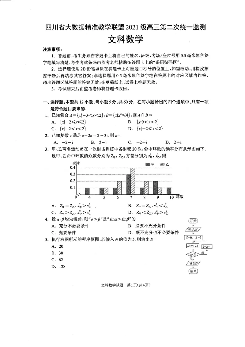 全国甲卷四川省大数据精准教学联盟2021级(2024届)高三年级第二次统一监测(大数据二统)(5.17-5.18)文科数学试题_2024年5月_01按日期_20号