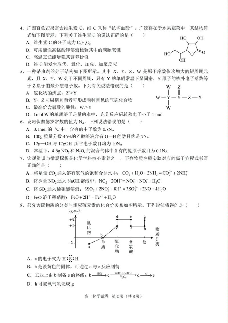 广西南宁市部分学校2024-2025学年高一下学期6月期末考试化学PDF版含解析_2024-2025高一（7-7月题库）_2025年7月_250704广西南宁市部分学校2024-2025学年高一下学期6月期末考试