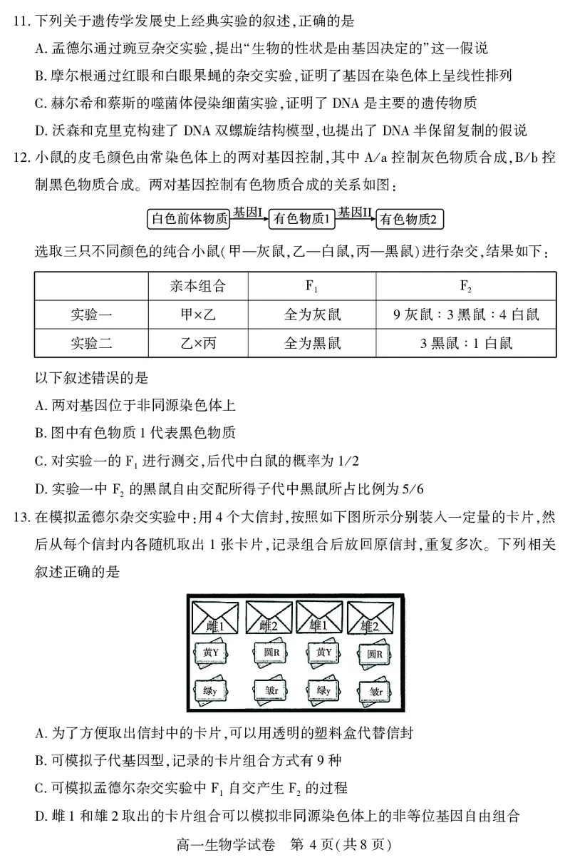 恩施州普通高中2024-2025学年高一质量监测考试生物_2024-2025高一（7-7月题库）_2025年7月_250717湖北省恩施州普通高中2024-2025学年高一质量监测考试（全科）