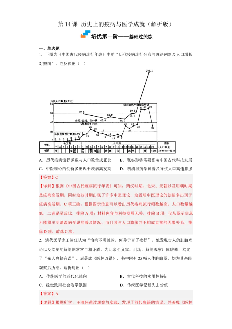 第14课历史上的疫病与医学成就（解析版）_E015高中全科试卷_历史试题_选修2_人教版历史选修二同步练习（042份）_课后培优练2023年