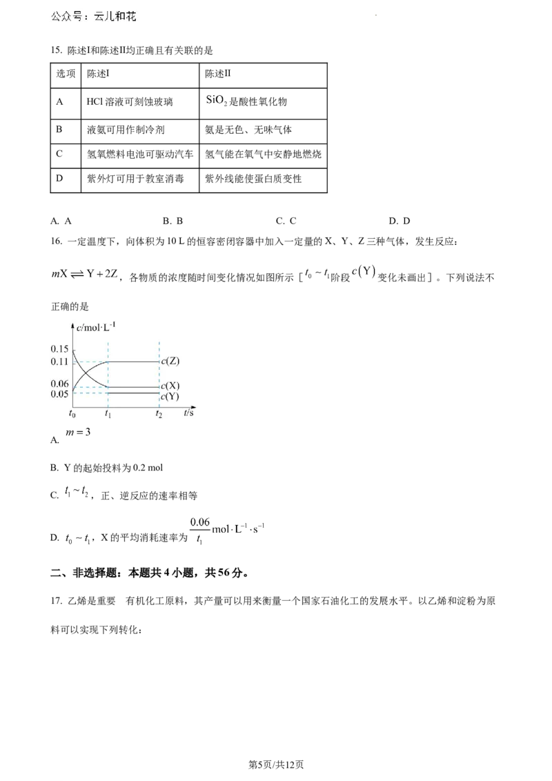 广东省东莞市2023-2024学年高一下学期7月期末教学质量检查化学试题_2024-2025高一（7-7月题库）_2024年8月试卷_0820广东省东莞市2023-2024学年高一下学期期末教学质量检查