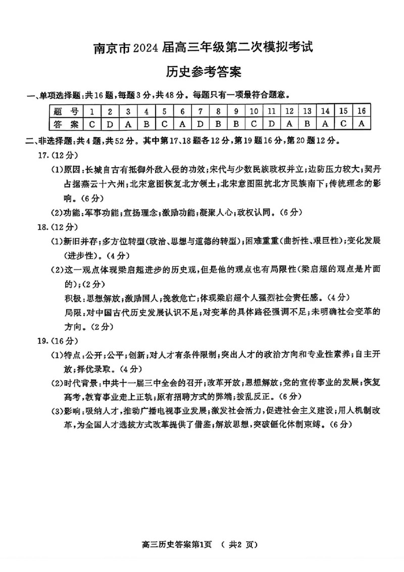 南京二模历史答案_2024年5月_01按日期_10号_2024届江苏省南京市高三二模_江苏省南京市2024届高三二模历史