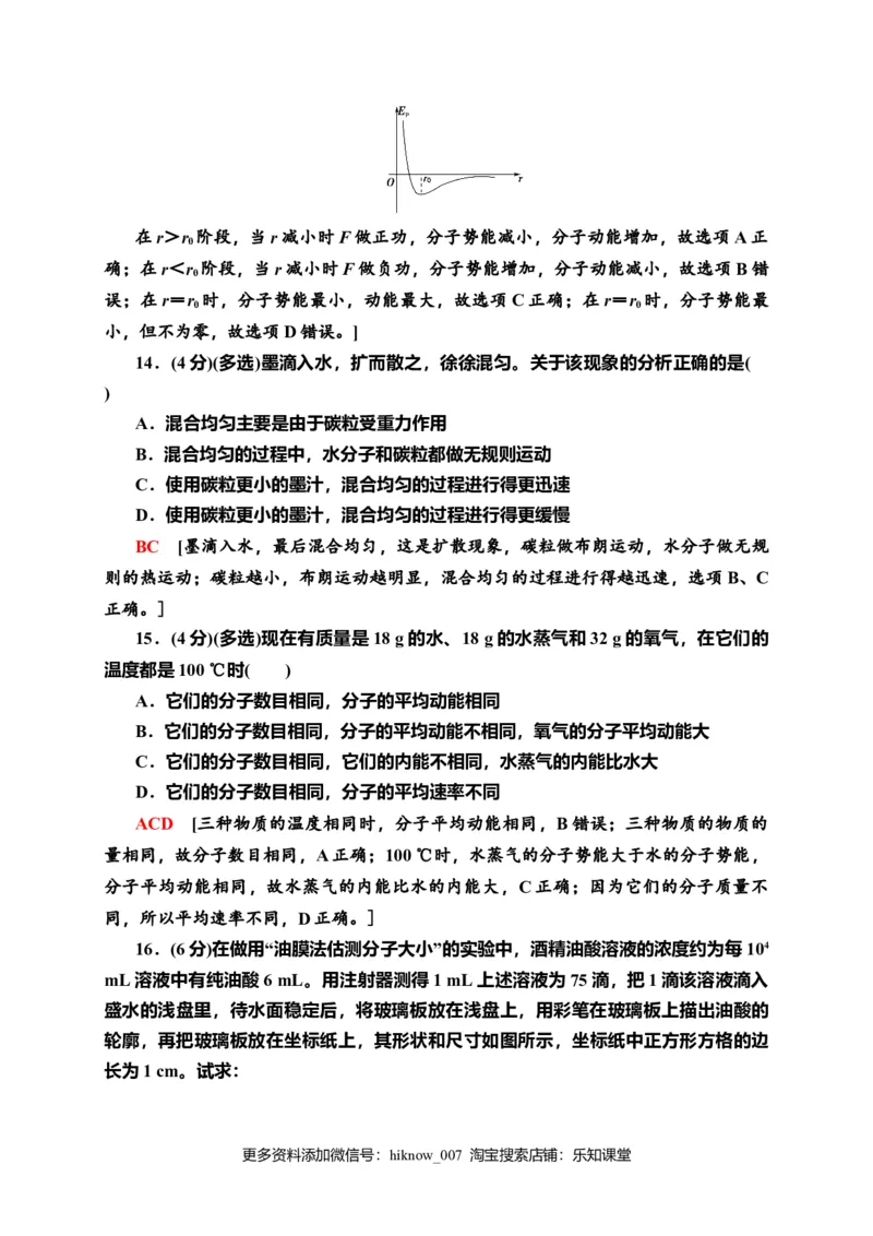 章末综合测评1　分子动理论&mdash;新教材人教版（2019）高中物理选择性必修第三册同步检测_E015高中全科试卷_物理试题_选修3_2.同步练习_课时分层作业（第一套）