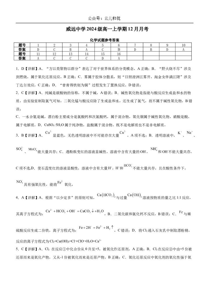四川省内江市威远中学2024-2025学年高一上学期12月月考化学试题Word版含解析_2024-2025高一（7-7月题库）_2024年12月试卷_1211四川省内江市威远中学2024-2025学年高一上学期12月月考