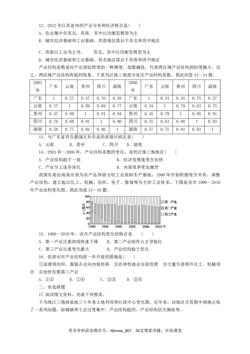 新教材精创3.2地区产业结构的变化同步训练原卷版_E015高中全科试卷_地理试题_选修2_2.同步练习_同步练习（第三套）