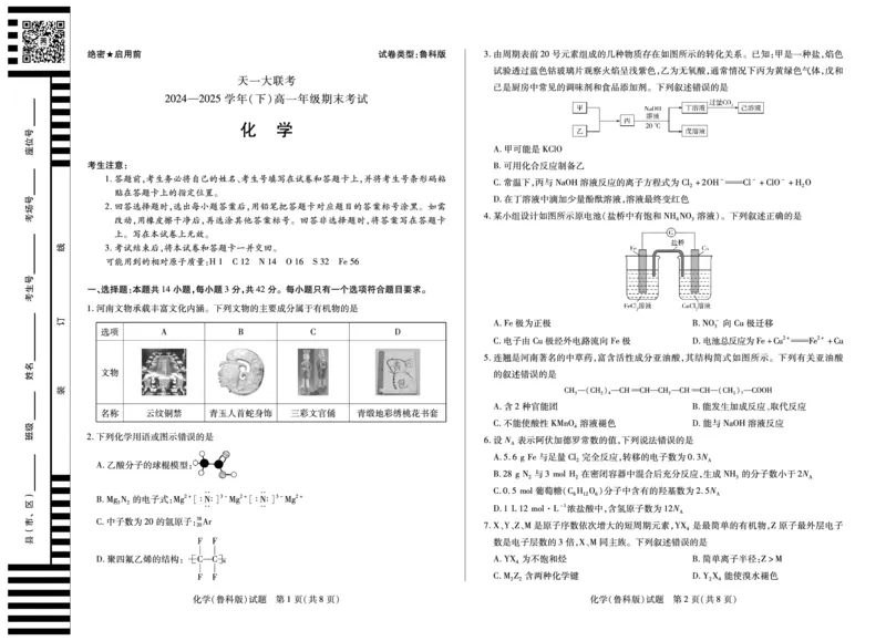 化学鲁科版高一下期末试卷_2024-2025高一（7-7月题库）_2025年7月_250703天一大联考&middot;河南省2024-2025学年（下）高一年级期末考试
