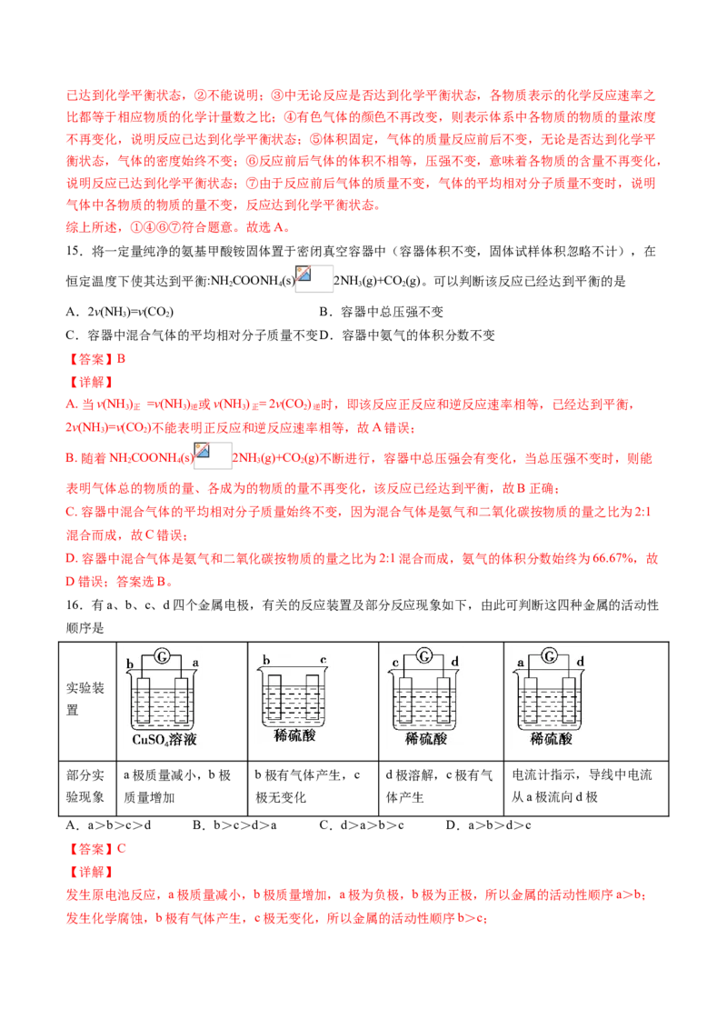 专题08化学反应原理选择题专项训练-高一化学下学期期中专项复习（人教版2019必修第二册）（解析版）_E015高中全科试卷_化学试题_必修2_2.新版人教版高中化学试卷必修二