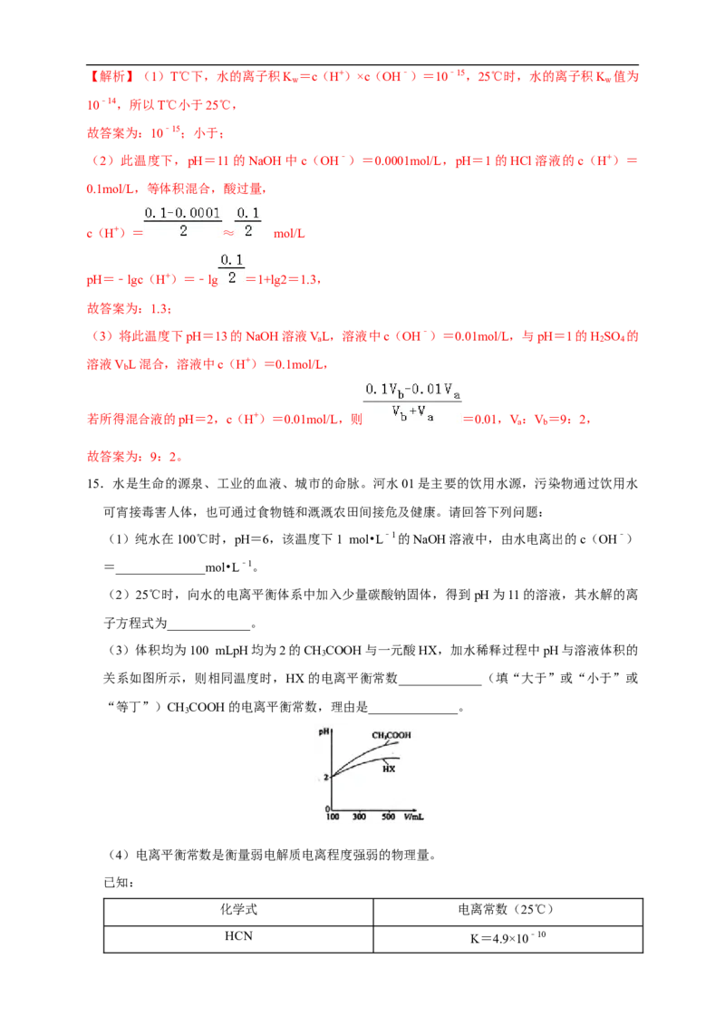 3.2.1水的电离溶液的酸碱性与pH练习（解析版）_E015高中全科试卷_化学试题_选修1_3.新版人教版高中化学试卷选择性必修1_1.同步练习_2.同步练习（第二套）