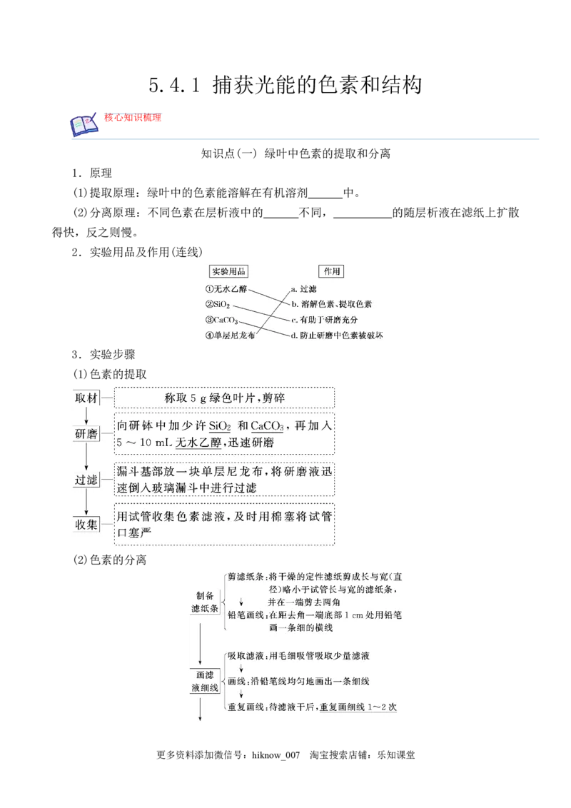 5.4.1捕获光能的色素和结构-2022-2023学年高一生物上学期课后培优分级练（2019人教版必修1）（原卷版）_E015高中全科试卷_生物试题_必修1_2.同步练习_1.同步练习（第一套）