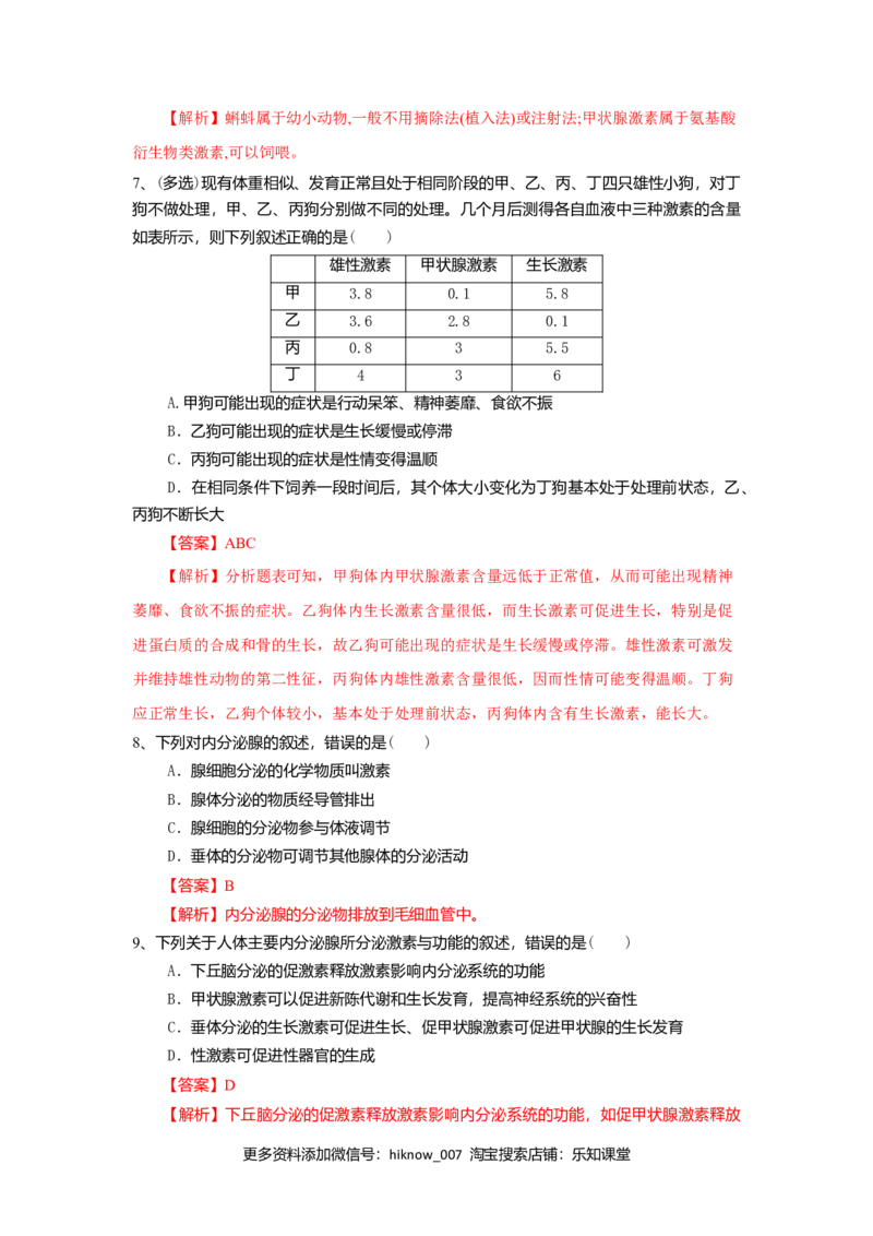 3.1激素与内分泌系统（练习）（解析版）_E015高中全科试卷_生物试题_选修1_2.同步练习_2.同步练习（第二套）