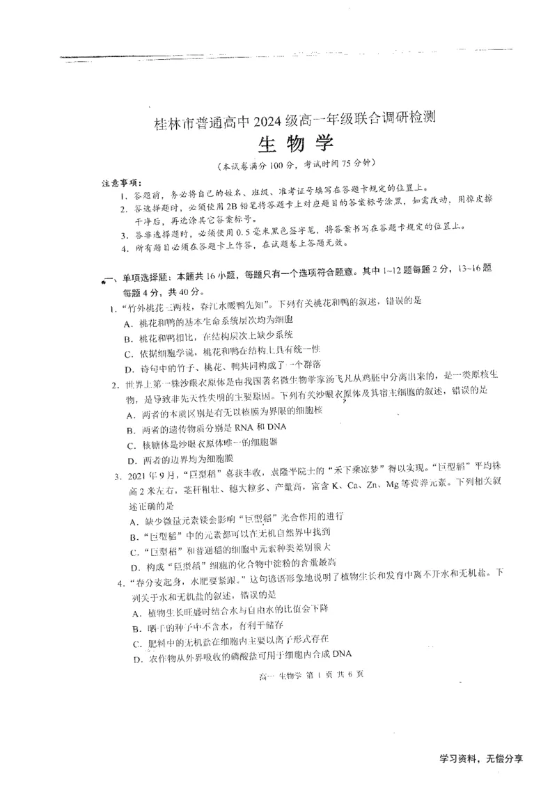 桂林2024年秋季期中联考高一生物试卷_2024-2025高一（7-7月题库）_2024年11月试卷_1115广西桂林2024-2025学年秋季期中高一联考