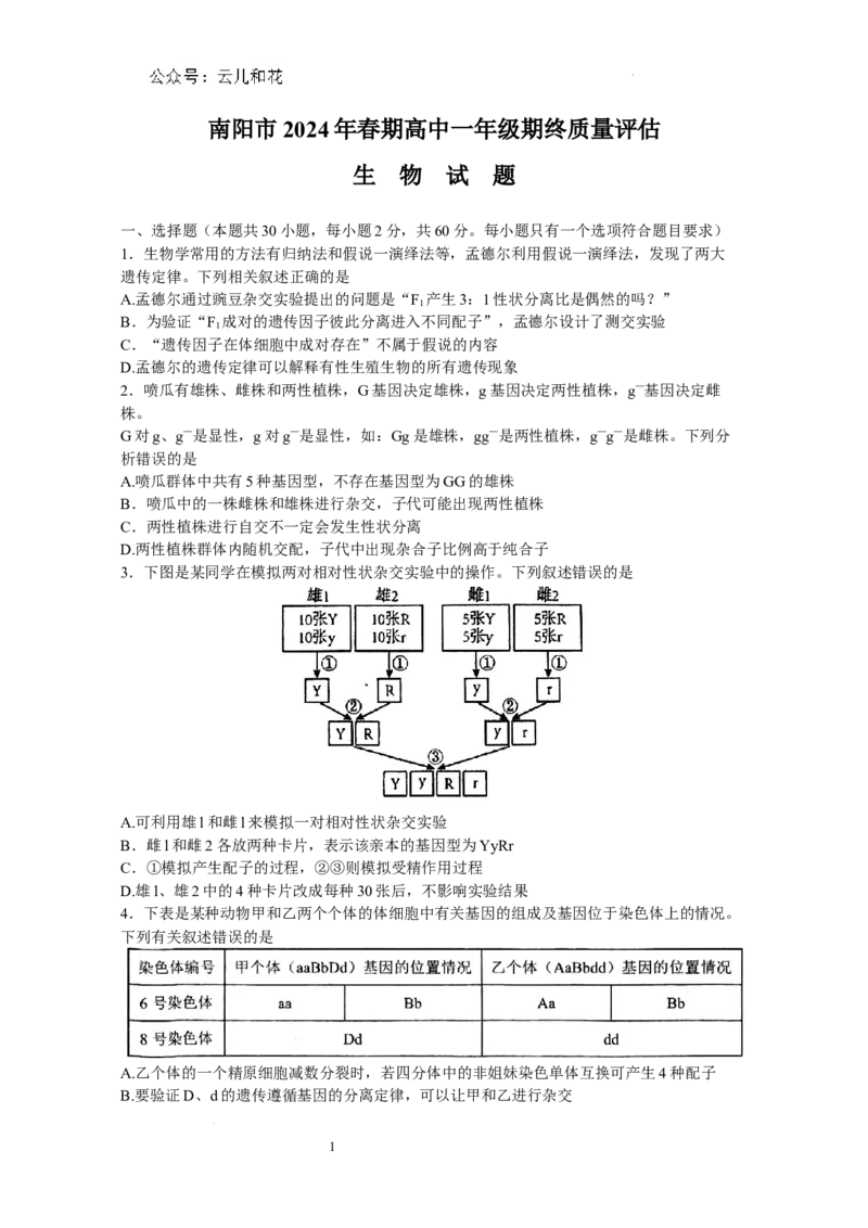 2024年春期期末高一生物参考答案_2024-2025高一（7-7月题库）_2024年8月试卷_0804河南省南阳市2023-2024学年高一下学期期末质量评估