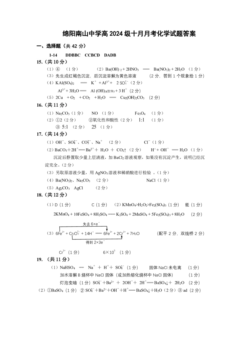 化学-四川省绵阳南山中学高2024级高一上学期10月月考_2024-2025高一（7-7月题库）_2024年10月试卷_1019四川省绵阳南山中学高2024级高一上学期10月月考